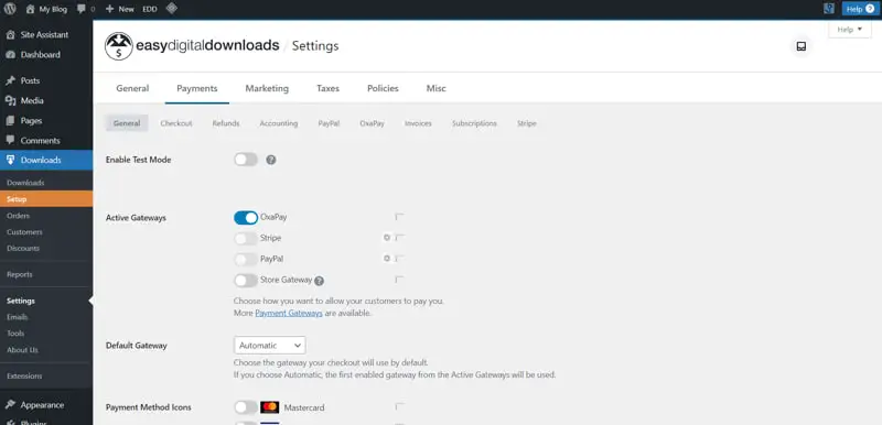 3-1 In your WordPress dashboard, go to Downloads > Settings > Payment Gateways. After activating the OxaPay plugin, click on the OxaPay option in the top menu. Enter your Merchant API Key from the OxaPay dashboard. (If you don’t have an API key, follow this guide to create one). Enable Sandbox Mode to test transactions. Set whether transaction fees will be covered by customers or by your business.