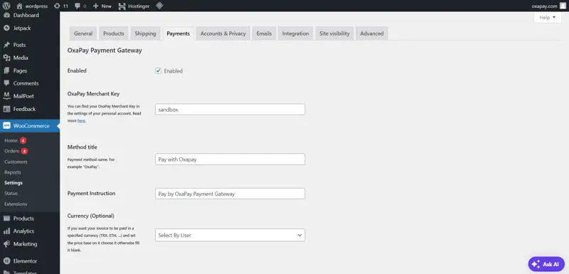 4 Setting Up Crypto Payments with OxaPay on WooCommerce
