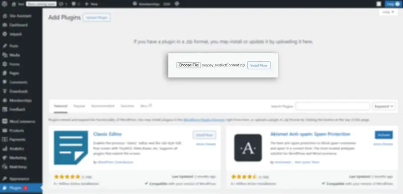 1-1-1 Uploading the OxaPay Restrict Content Pro plugin in WordPress.