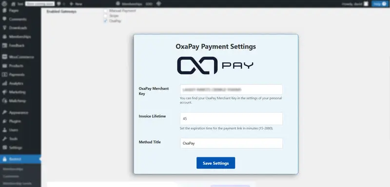 2-1-1 OxaPay Payment Settings configuration in WordPress.